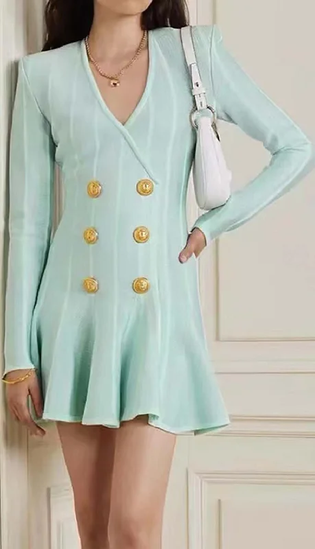 BUTTON-EMBELLISHED MESH MINI DRESS IN MINT Designer mini dresses