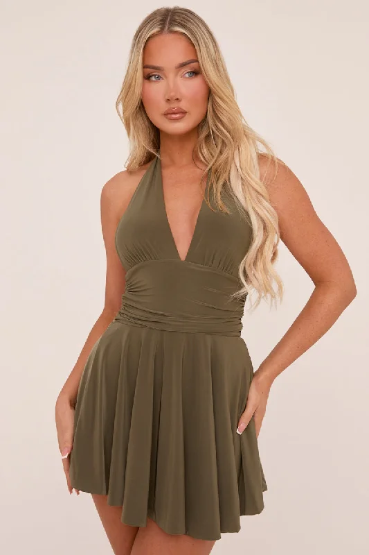 Khaki Halter Plunge Neck Mini Dress - Pippa Best mini dresses for petites