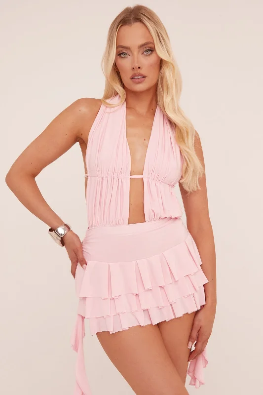 Pink Plunge Neck Frill Detail Mini Dress - Swan Glamorous mini dresses