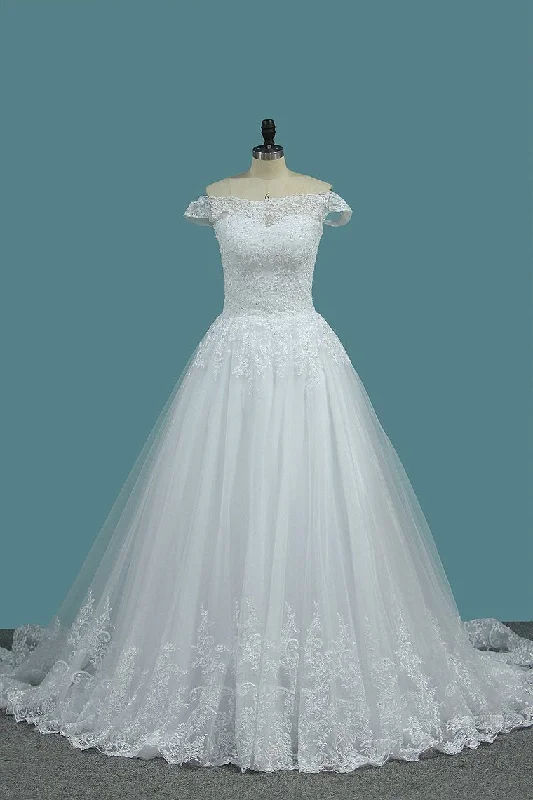 A Line Tulle Off The Shoulder Wedding Dresses With Applique Sweep Train Sexy Lace Gown