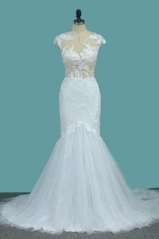 2024 Scoop Tulle Mermaid Wedding Dresses With Applique Sweep PFC51F9S Lace Train Dress