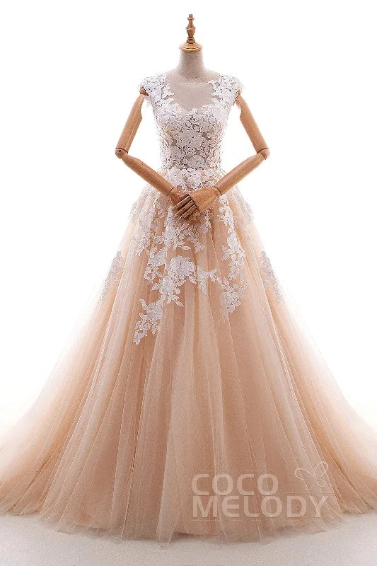 A-Line Cathedral Train Tulle and Lace Wedding Dress LD4534 Off-shoulder Bridal Dress