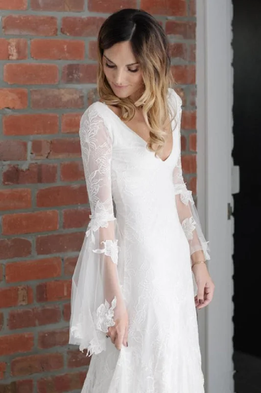 Unique Boho V Neck Beach Wedding Dress With Long Sleeves Lace Wedding Dress N1830 Beautiful Lace Gown