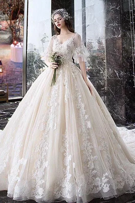 Charming Half Sleeves Ball Gown V Neck Wedding Dress Princess Bridal Dress N1626 Elegant Lace Gown