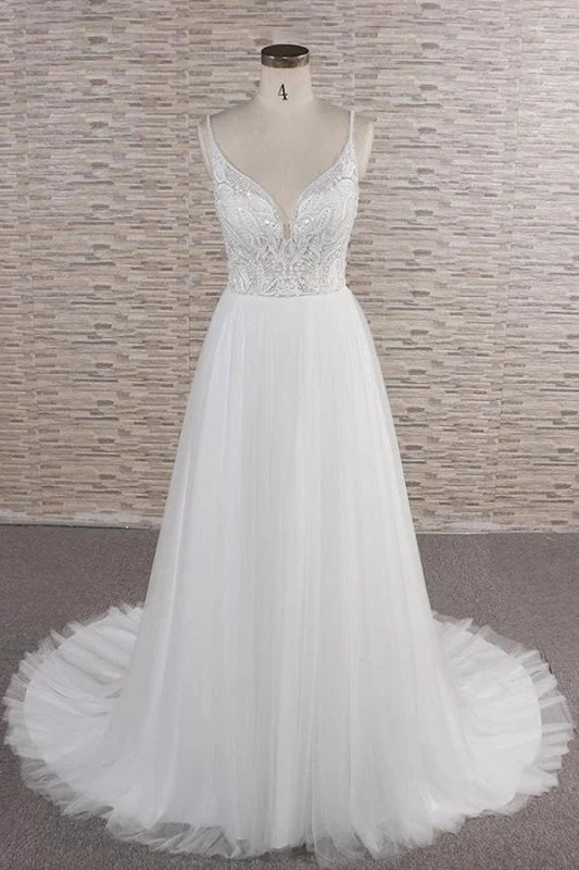 Chic Spaghetti Strap Appliques Tulle Wedding Dress Lace Back Wedding