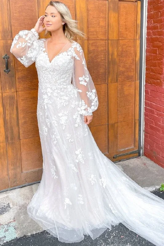 Classy Sheath Train Deep V-Neck Long Sleeve Wedding Dress with Lace Appliques and Tulle Mermaid Wedding Gown