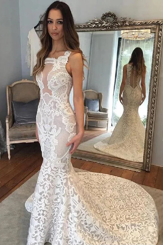 Delicate Square Sleeveless Illusion Back Court Train Lace Mermaid Wedding Dresses N2421 Illusion Neckline Gown