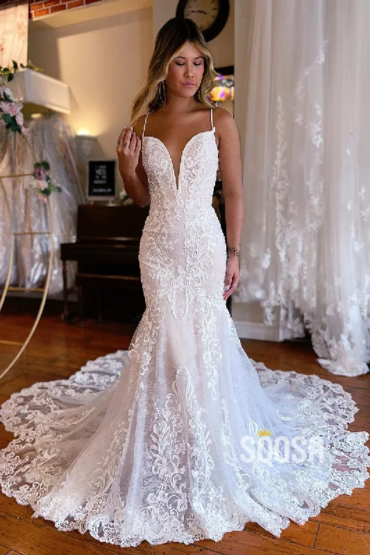 Attractive V-Neck Illusion Lace Appliques Mermaid Wedding Dress QW2395 Classic Bridal Dress