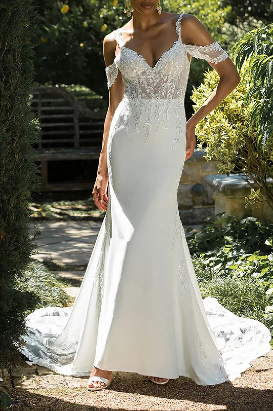 Sexy V Neck Sequins Appliques Mermaid Wedding Dress Open Back Bridal Gown QW2560 Lace Sleeveless Dress