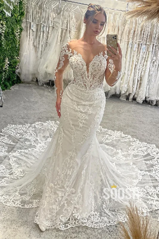 Illusion V-Neck Lace Appliques Long Sleeves Mermaid Wedding Dress QW2625 Empire Waist Dress