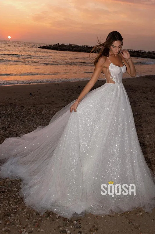 Spaghetti Straps Scoop Tulle Appliques A-line Wedding Dress QW2685 Full Skirt Wedding