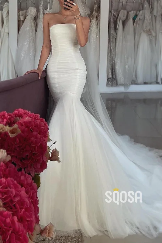 Simple Trumpet Strapless Ruched With Tulle Train Beach Wedding Dress QW8151 Glamorous Wedding Dress