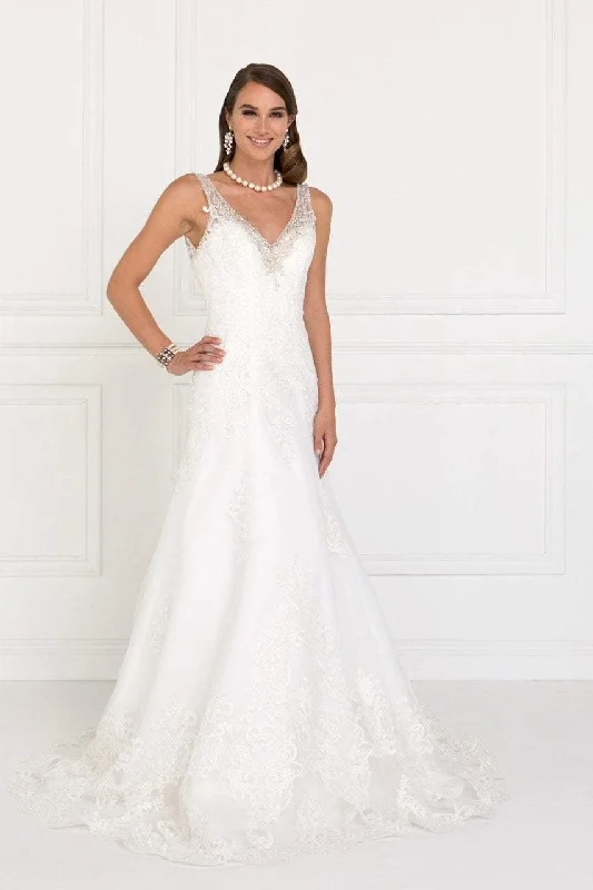 Elizabeth K Bridal - GL2376 Jeweled V-neck Mesh A-line Wedding Gown Sleeveless Wedding Dress