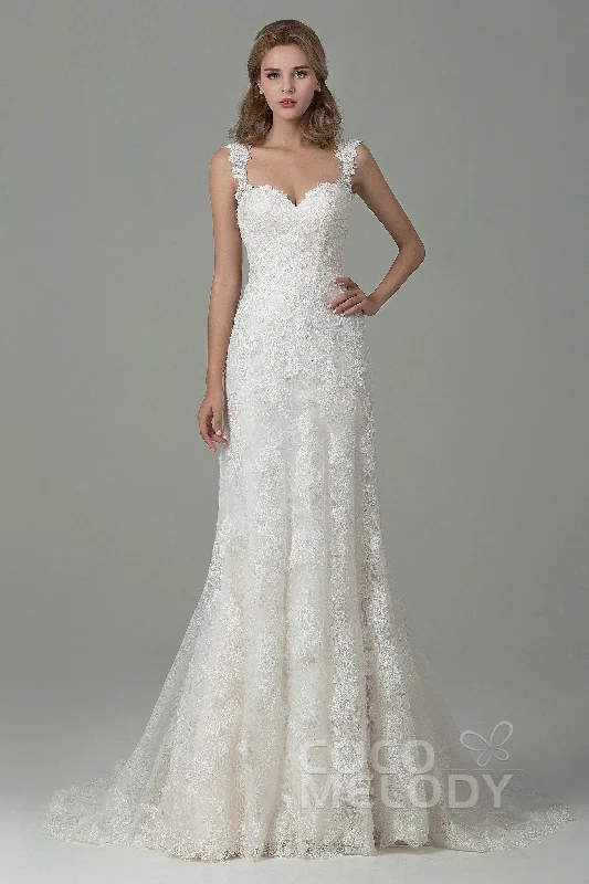 Sheath-Column Court Train Lace Wedding Dress CWVT15002 Strapless Bridal Dress