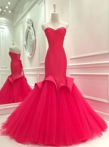 G118, Red Tube Top Layered Fish Cut Trail gown (SIZE ALL)pp Sparkling Wedding Dress