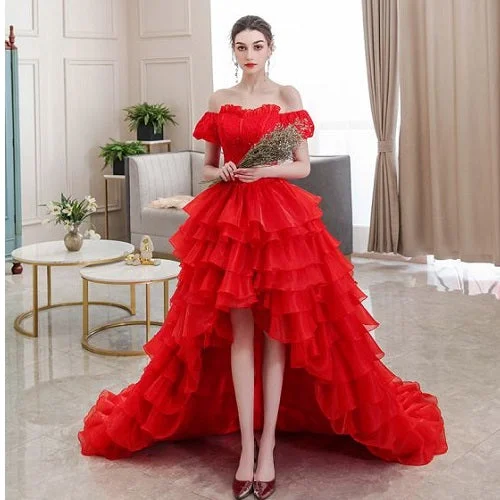 G340, Luxury Red Short Front Long Back Trail Ball Gown, Size (All)PP Sexy Satin Gown