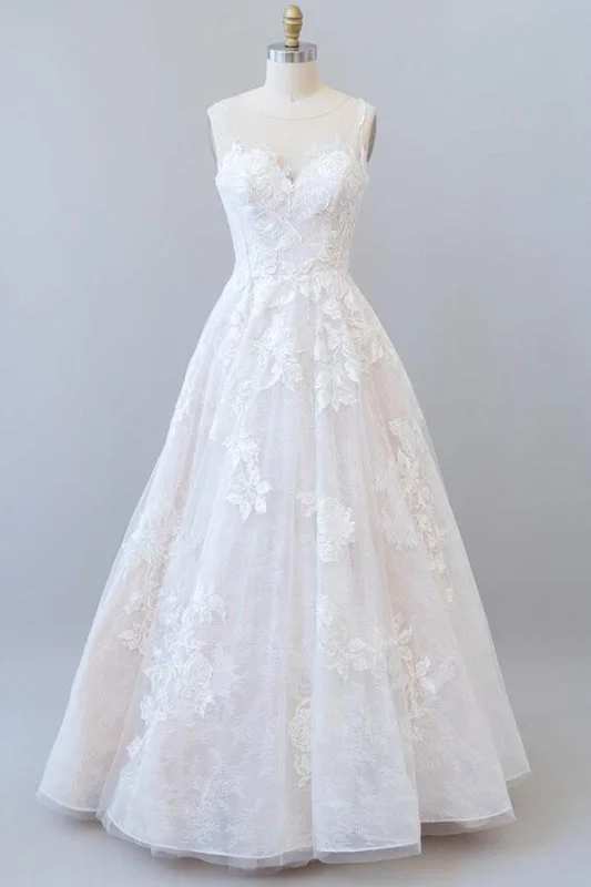 Illusion Appliques Tulle A-line Wedding Dress Short Wedding Gown