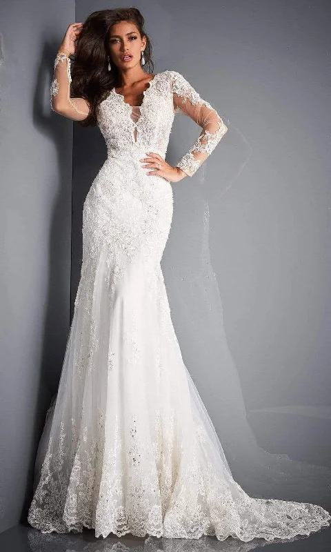 Jovani Bridal - JB02579 Embellished Long Sleeves Trumpet Bridal Gown Romantic Wedding Dress