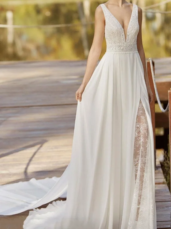 Lace Wedding Dress With Train A-Line Sleeveless Chiffon Illusion Neckline Long Bridal Gowns Beaded Lace Wedding