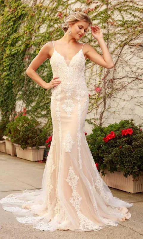 Nox Anabel - H494 Spaghetti Strapped Embroidered Gown Timeless Wedding Dress