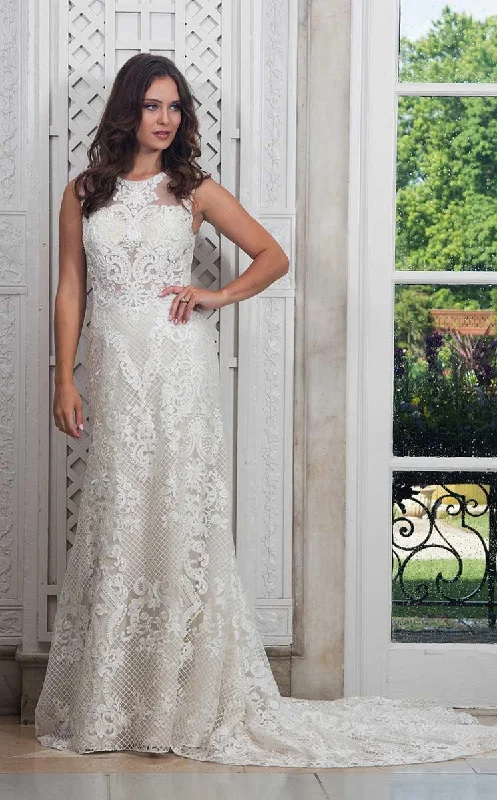 Rachel Allan Bridal - M609 Lace Jewel Neck Sheath Dress With Train Glitter Wedding Dress