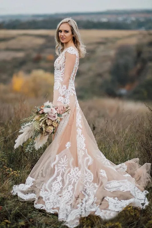 Elegant Long Sleeves Boho Wedding Dress With Lace Appliques N2527 Luxury Lace Gown