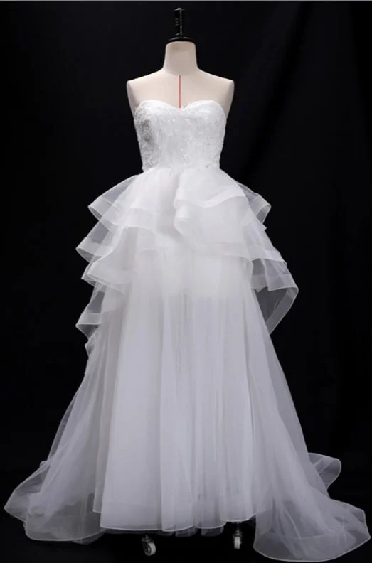 Sequins Lace Strapless Ruffled Ballgown Wedding Dress With Train Modern Lace Gown