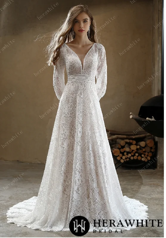 Unique Plunging V-Neck Lace Bohemian Wedding Gown Timeless Wedding Dress