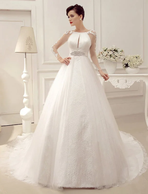 Wedding Dresses Ball Gown Bridal Dress Long Sleeve Lace Applique Beaded Rhinestones Sash Illusion Cutout Wedding Gown With Train Exclusive Modern Bridal Gown