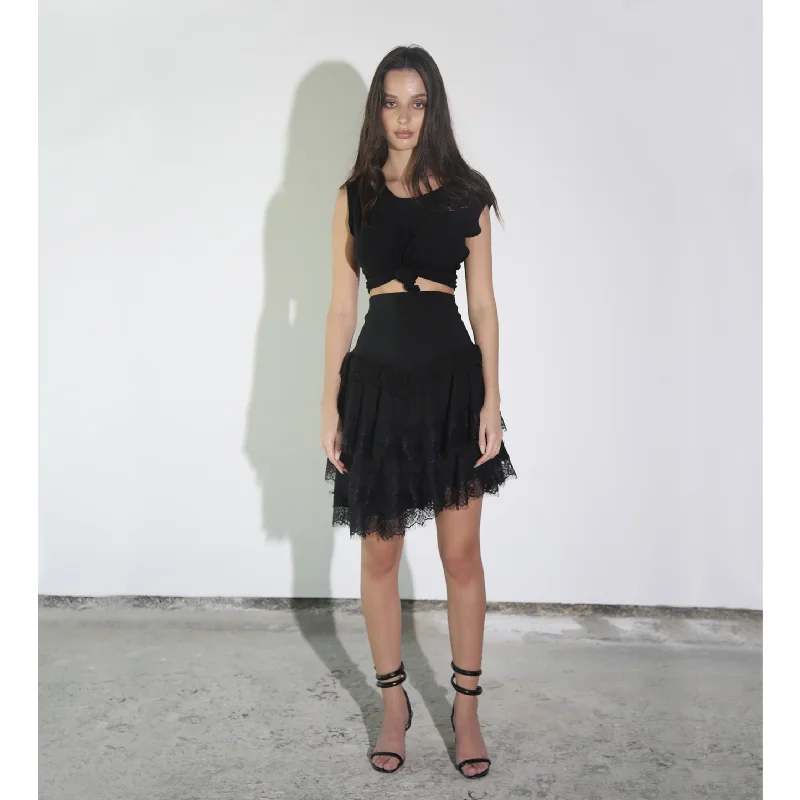 Black Modal and Lace Skirt Sculpting Waistband Bold pattern unclassified skirts