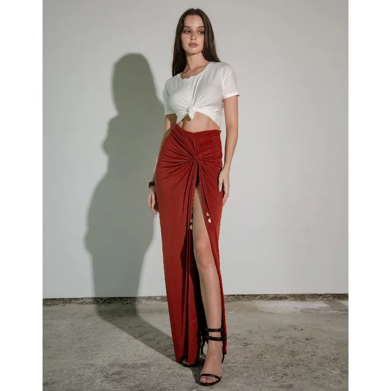 Rust Modal Soft Jersey Knotted Skirt with Shell Tassel Vacation unclassified skirts