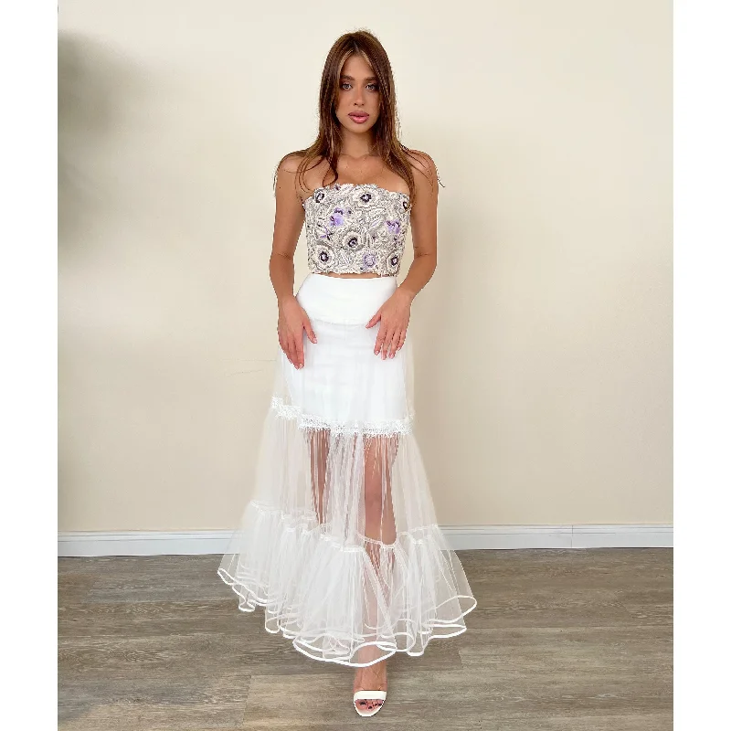 White Tulle Tiered with Lace Skirt Sculpting Waistband Everyday wear unclassified skirts