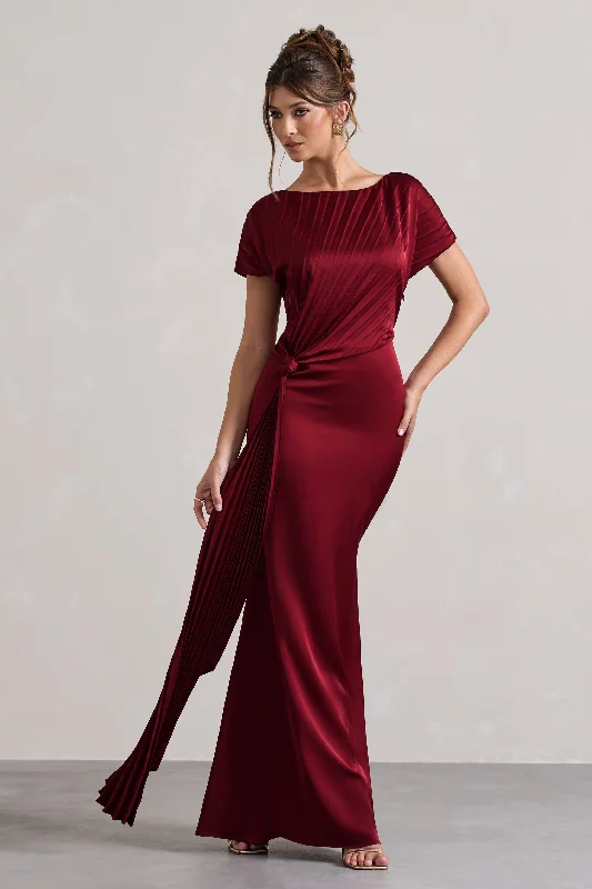 Ambrosia | Berry Satin Pleated Maxi Dress With Drape Fall maxi dresses