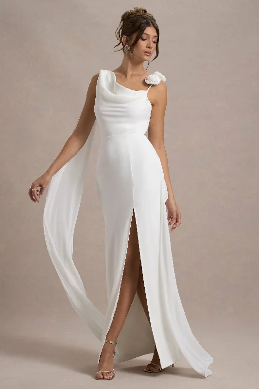 Angeline | White Chiffon Draped Split Maxi Dress With Corsages Goth maxi dresses