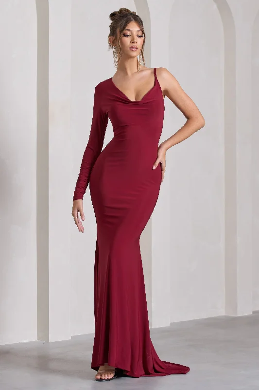 At Dusk | Berry Red One-Sleeved Cowl-Neck Fishtail Maxi Dress Festival maxi dresses