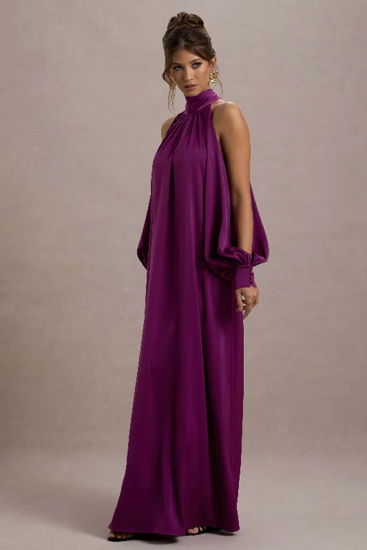 Baila | Mulberry Satin High-Neck Cape-Sleeve Maxi Dress Smocked maxi dresses