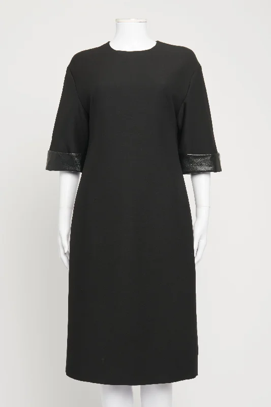 Black Leather Cuff Sleeve Preowned Midi Dress Sexy little black midi dresses