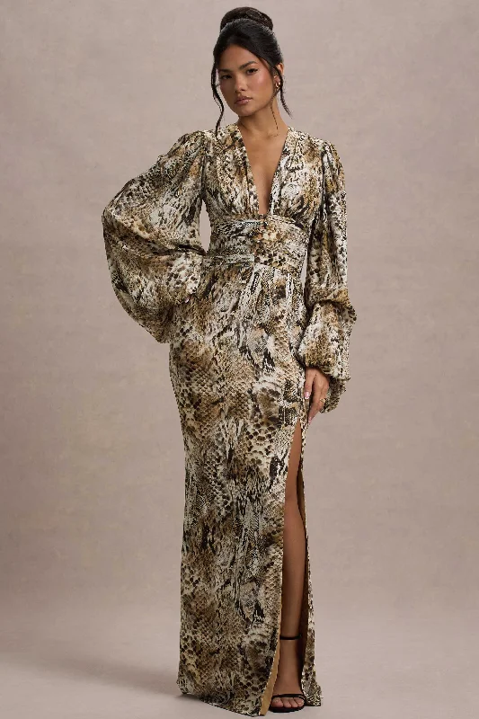 Casarile | Snake Print V-Neck Balloon Sleeve Maxi Dress Fashion-forward maxi dresses