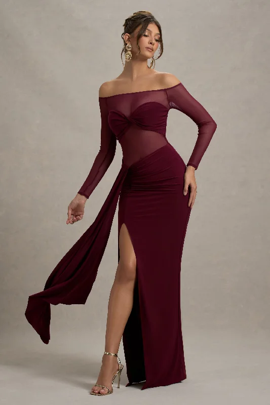 Cover Star | Burgundy Mesh Bardot Long-Sleeve Draped Maxi Dress Cocktail maxi dresses