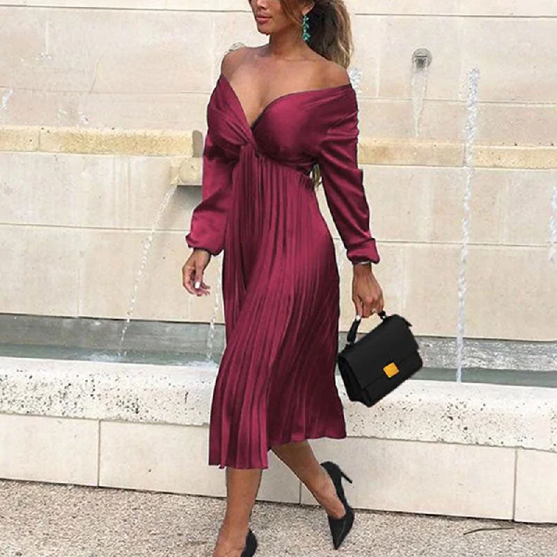 Elegant Off Shoulder V Neck Satin Pleated Midi Dress Smocked midi dresses