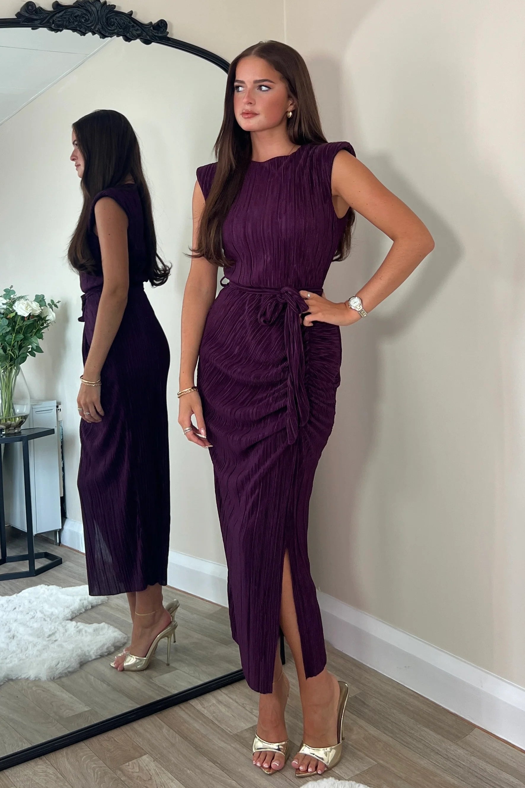 Girl In Mind Elena Ruched Sleeve Plisse Midi Purple Dress New Year's Eve midi dresses