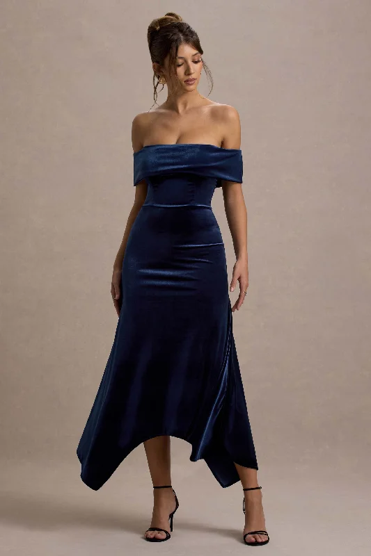 Halia | Navy Velvet Bardot Maxi Dress Boohoo maxi dresses