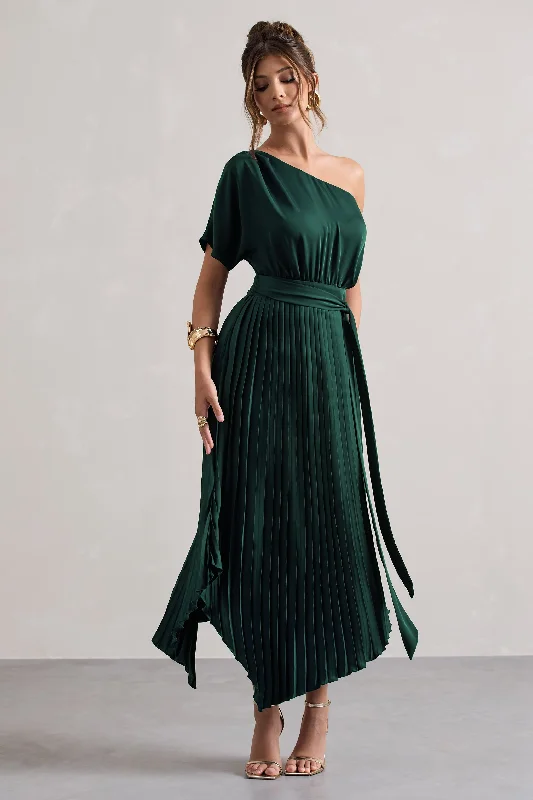 India | Bottle Green Satin Asymmetric Plisse Maxi Dress Lightweight maxi dresses for hot weather