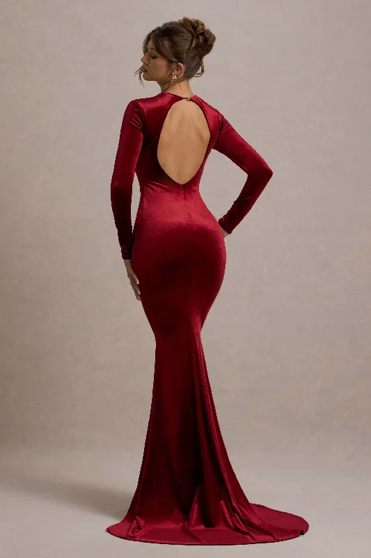 Keaton | Berry Velvet Long-Sleeve Open-Back Maxi Dress Bodycon maxi dresses