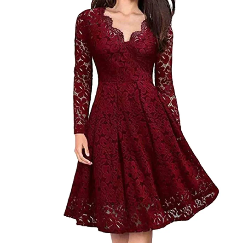 Lace Floral V Neck Long Sleeve Midi Dress Women's midi dresses