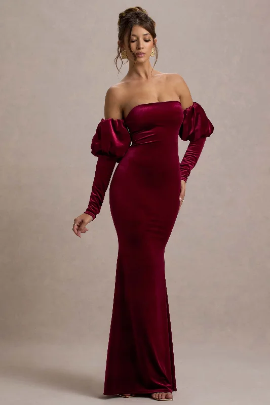 Neoma | Berry Velvet Bardot Puff-Sleeve Maxi Dress Edgy maxi dresses