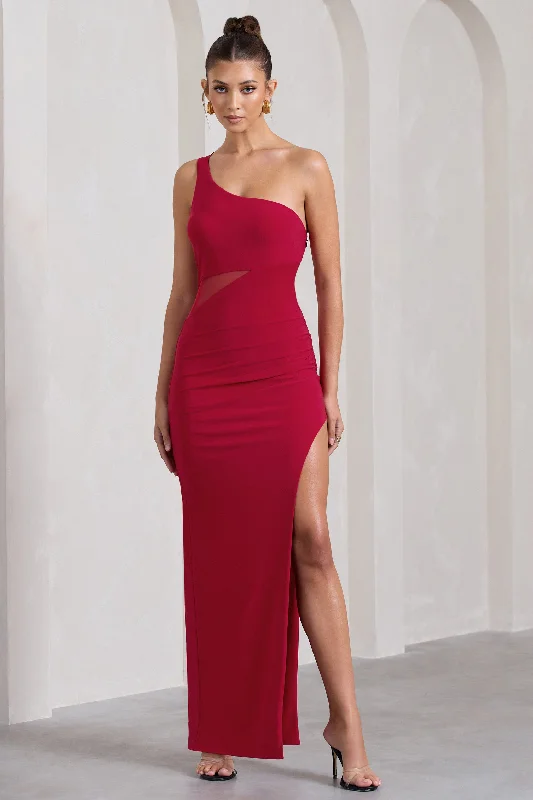 My Night | Red One Shoulder Sleeveless Cut-Out Split Maxi Dress Boohoo maxi dresses