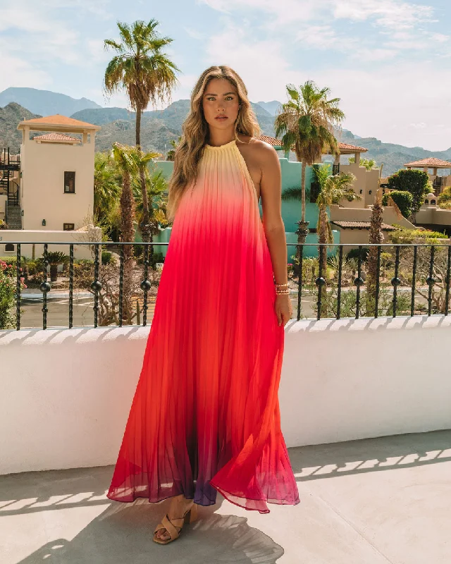 Mykonos Pleated Ombre Halter Maxi Dress - Pink Red Glamorous maxi dresses