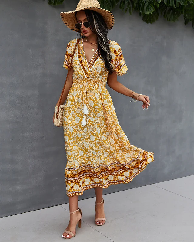 Nadine Floral Smocked Maxi Dress - Mustard Vacation maxi dresses