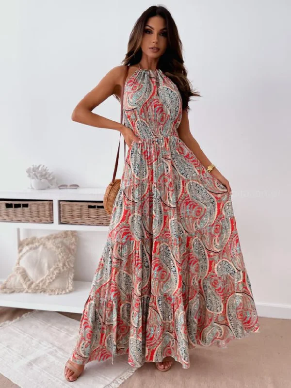 Never Too Much Printed Open Back Maxi Dress Off-shoulder maxi dresses